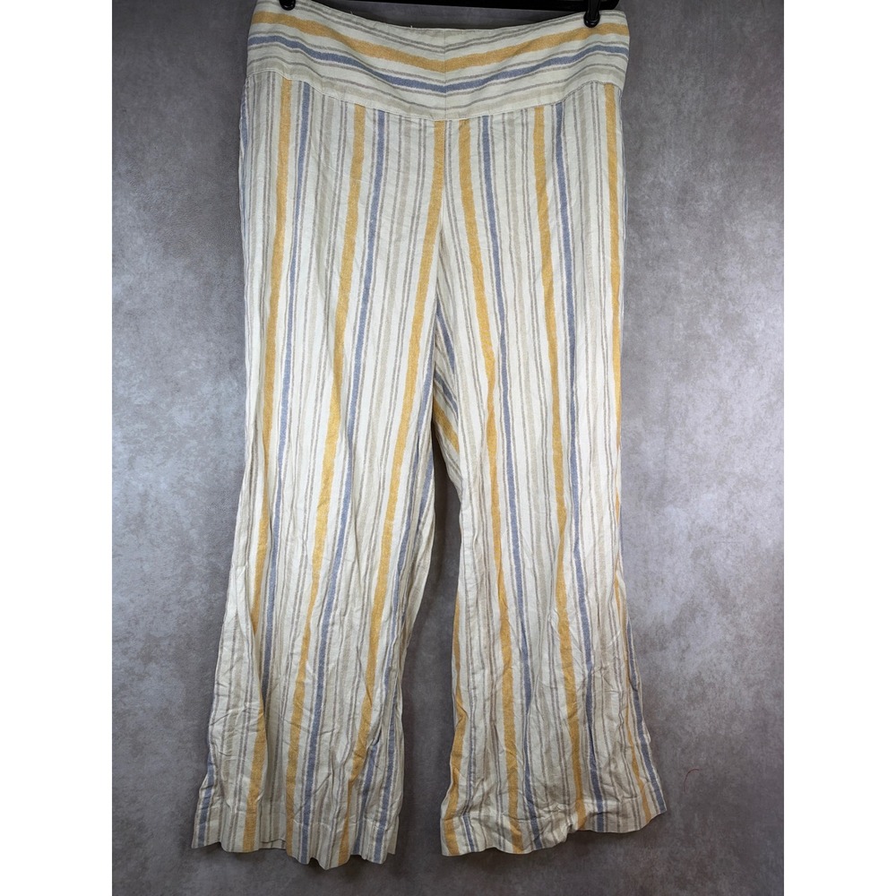 Catherines Striped Linen Blend Pants Womens 22W/24W Yellow Blue Wide Leg Smocked